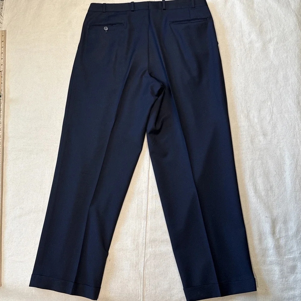 vtg 90s Ralph Lauren Chaps 44R 34x39 Navy 2pc Pant Suit Wool Cuffed Pleated